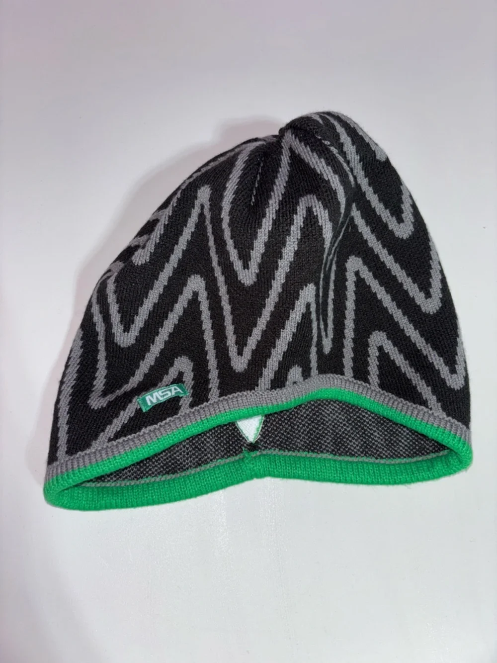 Men's Black & Gray Zigzag Knit Beanie with Bright Green Accent